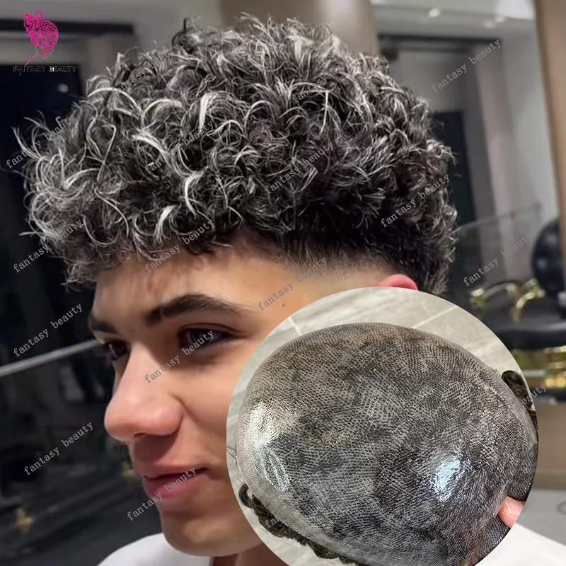 سوبر كامل رقيقة الجلد 20 مللي متر مجعد رجل الشعر المستعار الباروكات رمادي أسود 1B40 1B65 100% شعر بشري طبيعي نظام دائم الشعرية الاصطناعية