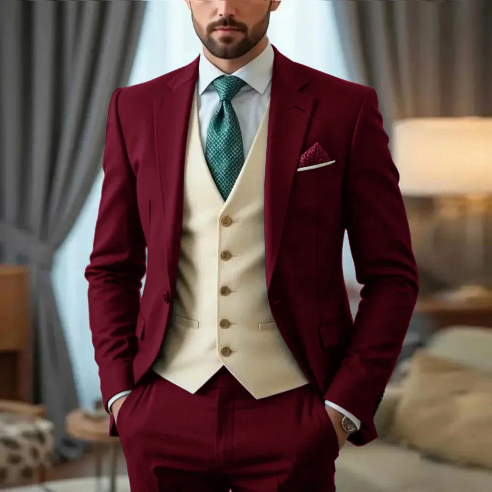 3 Piece Oil Green Men Suits Business Formal Slim Fit Wedding Casual Groom Tuxedos Classic Style Business Jacket Pants Beige Vest
