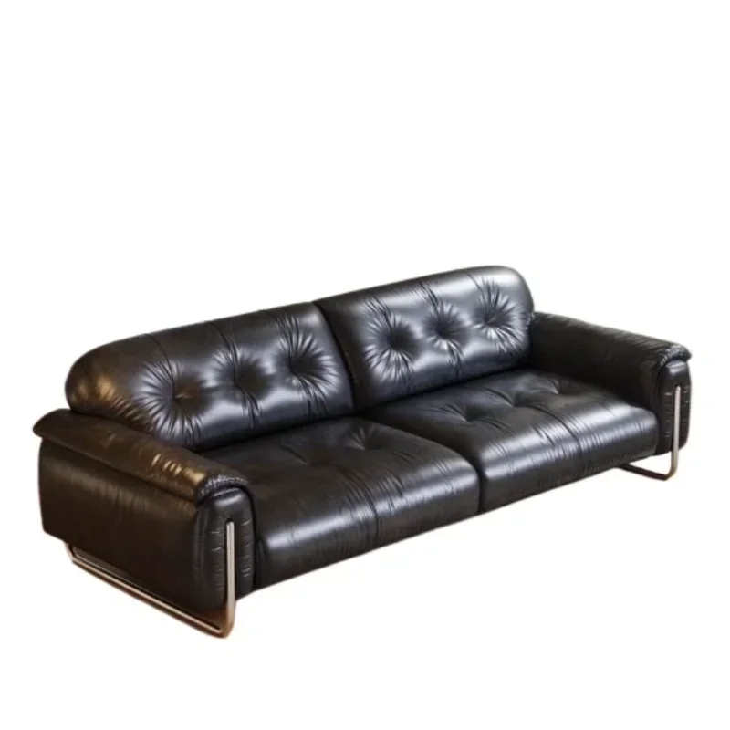 Medieval style, modern high-footed straight-row sofa, black first-layer cowhide