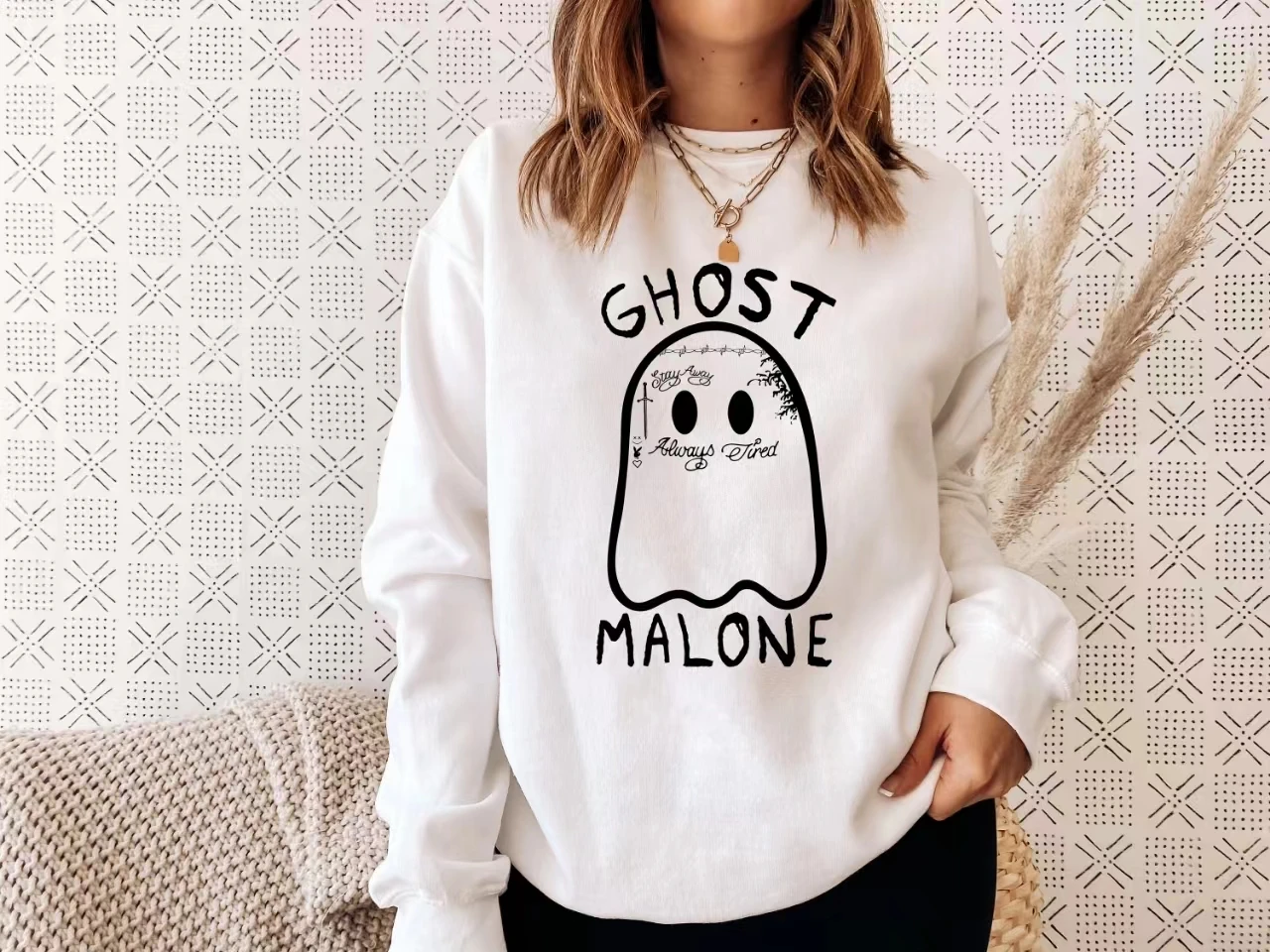 

Ghost Malone Slogan Women Swetshirt Vintage Cartoon Small Ghost Print Female Clothes New Hot Sale Stylish Individuality Tops