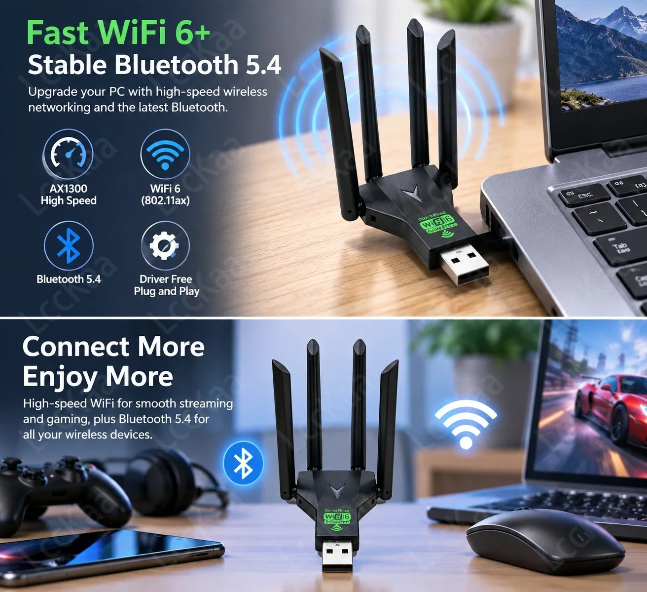 AX1300 WiFi 6 Bluetooth 5.4 USB-Adapter Dual-Band 2,4G/5G 1300Mbps WLAN-Karte WiFi-Dongle für PC Laptop Treiberfrei – Detail 3
