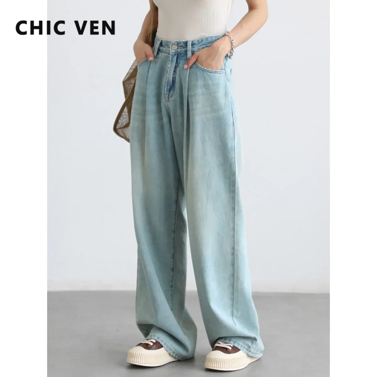 CHIC VEN Women's Jeans Blue High Waisted Denim Pants Streetwear Wide Leg Jeans for Woman Female Trousers Spring Summer 2023