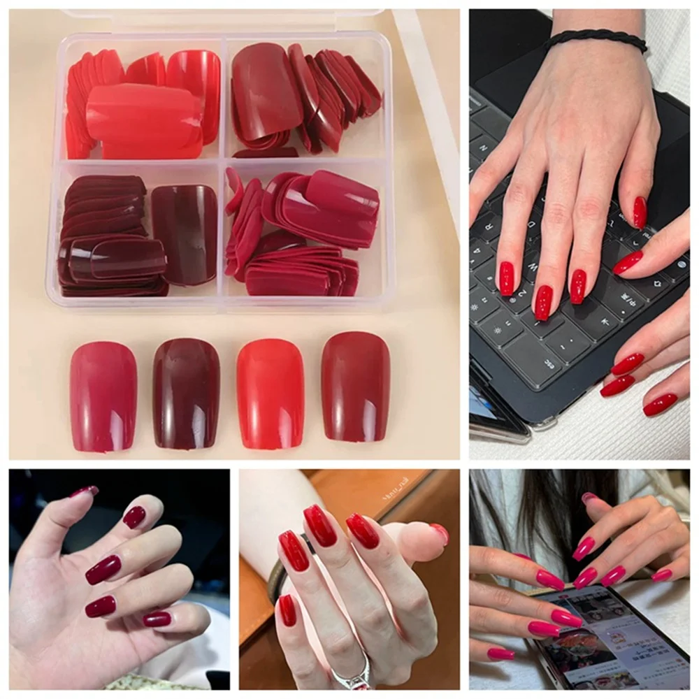96Pcs New Year Valentine's Day Red False Nails Tip Medium Square Full Cover Fake Nail 4Color Boxed Glossy Nail Armor For Wearing