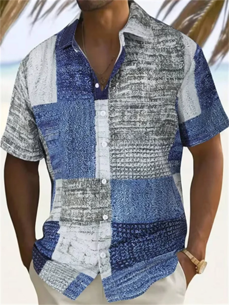 Men's short-sleeved lapel button-down shirt with 3D color block print, high-quality casual top, plus size 5XL Hawaiian shirt