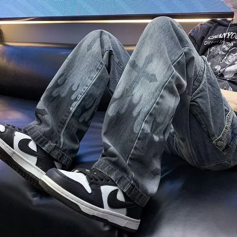 

European and American high street flame cross splash ink wash jeans men's ins trend brand straight mid-waist trousers