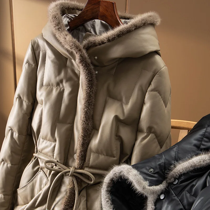 หนังแกะจริงของแท้หนังลงเสื้อผู้หญิงเสื้อผ้าMink Fur Pufferแจ็คเก็ตHoodฤดูหนาวแฟชั่นOuterwears 2024ховик