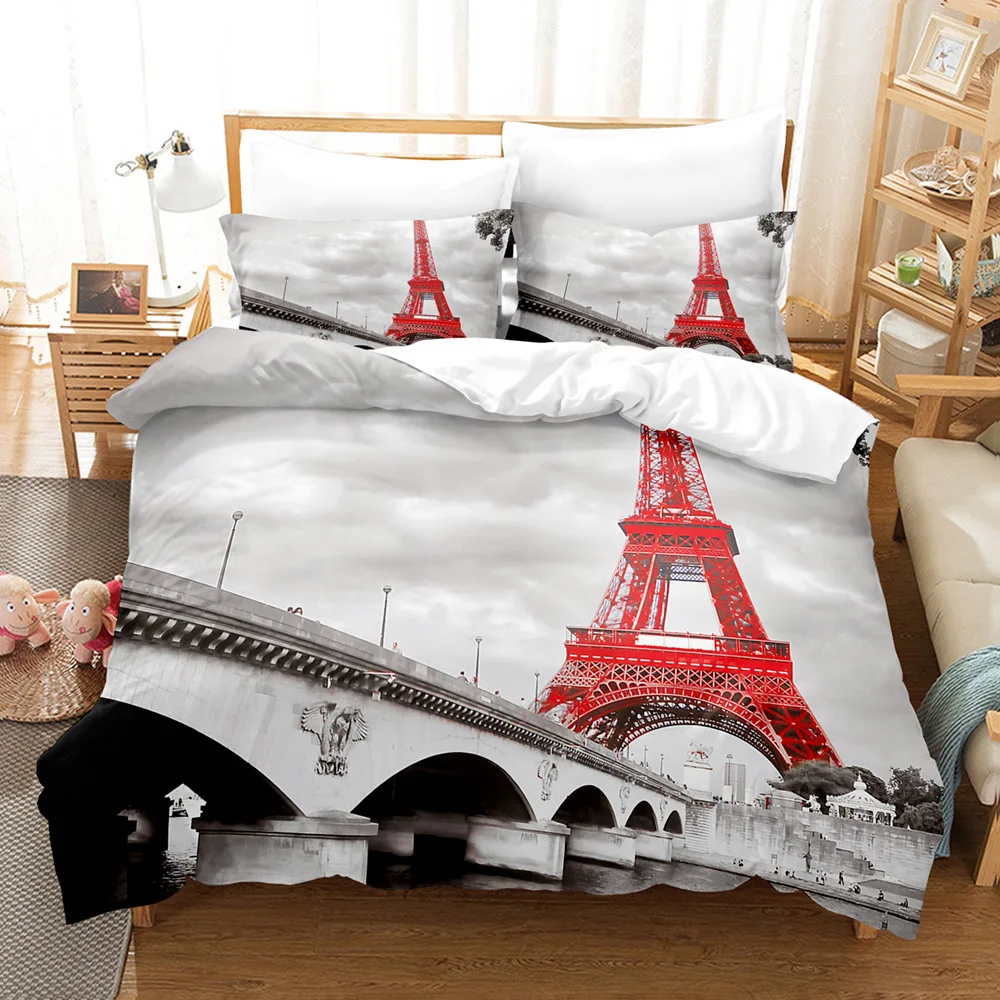 Eiffel Tower Duvet Cover Microfiber World Famous City Building Landscape Comforter Cover Twin Full King Travel Theme Bedding Set