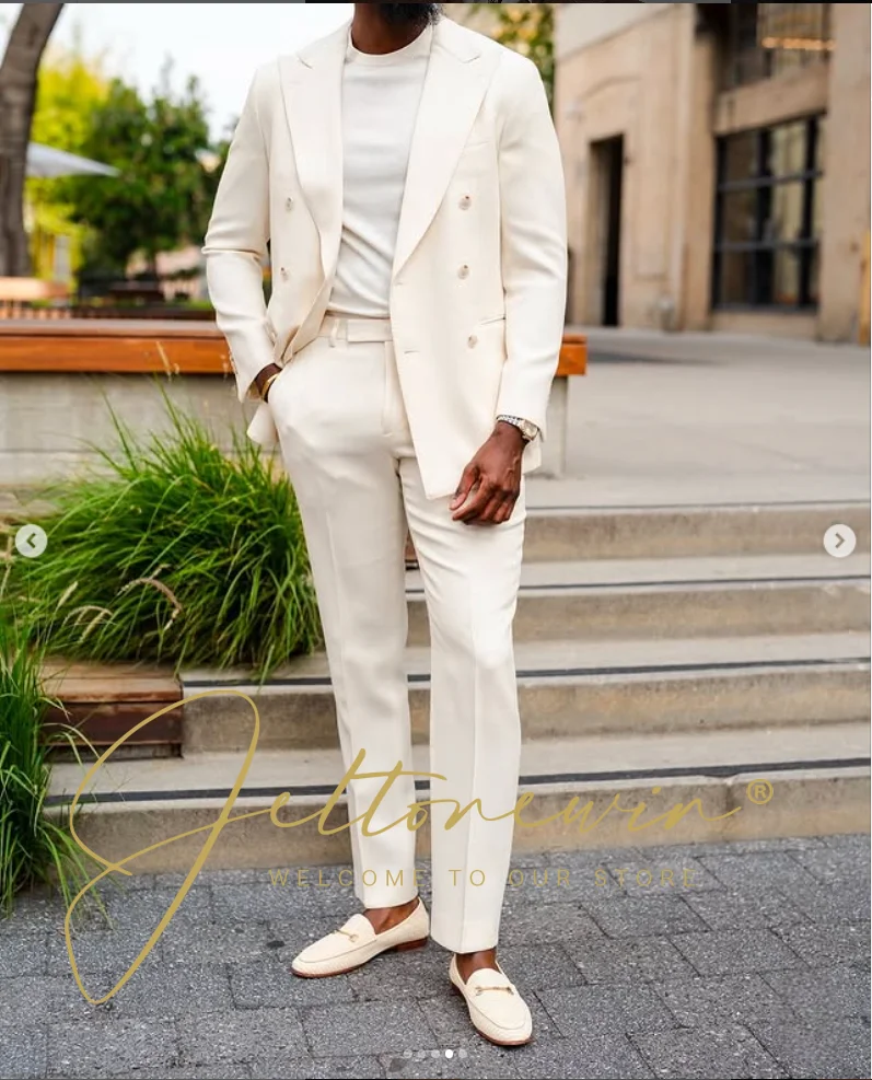 

Мужской белый двубортный костюм из двух предметов, облегающий деловой костюм для свадьбы, жениха, пляжной вечеринки, traje de hombre elegante