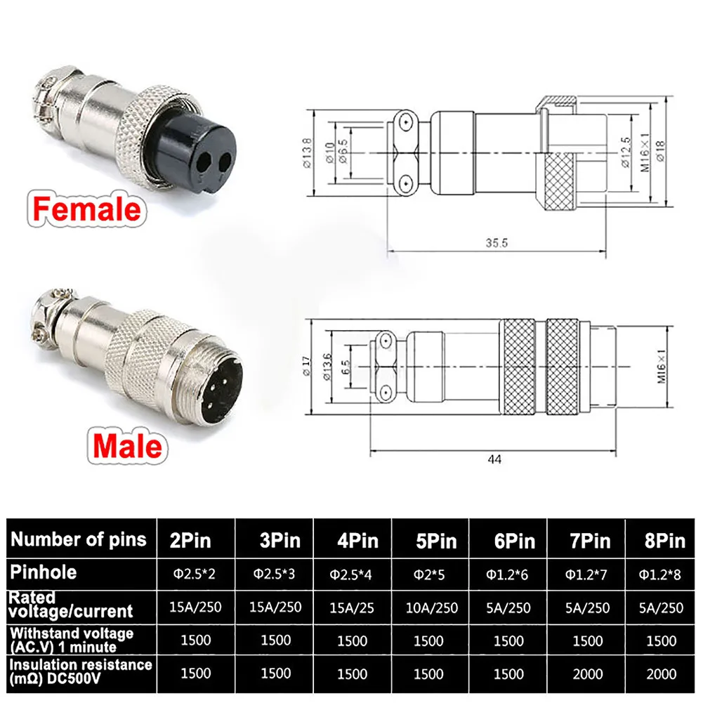 Silver Plated Copper GX16 Aviation Plug Male&Female Connector with 2Pin/3/4/5/6/7/8Pin Specification and Welding Connection