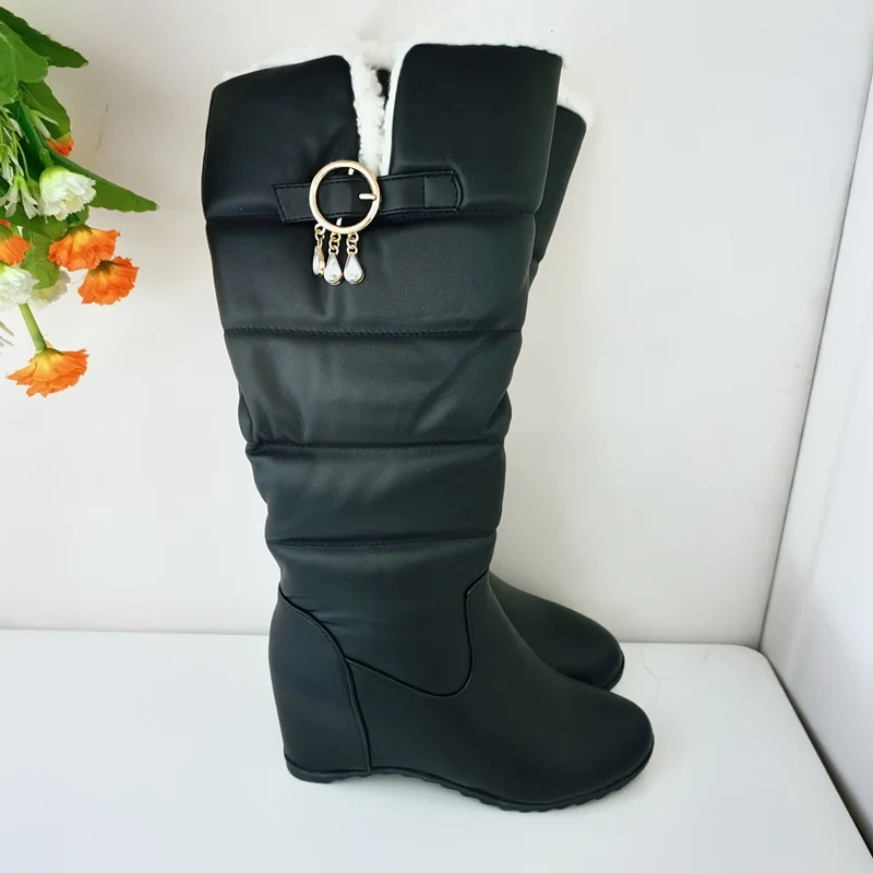 REAVE CAT-Botas de tacón de cuña para mujer, botines hasta la rodilla con tacón oculto, a prueba de agua, talla grande 44, de felpa cálida para