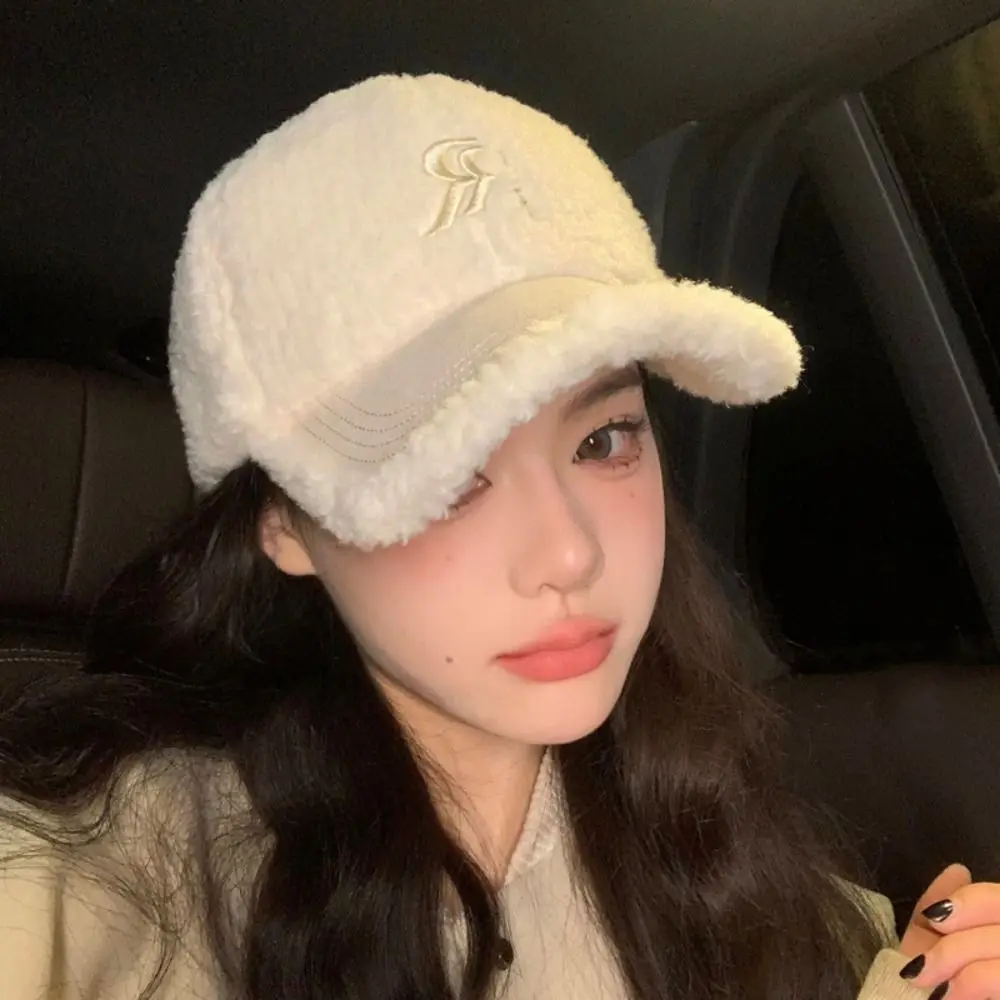 Fashion Letters Women's Hats Double R Keep Warm Baseball Cap Lamb Wool Thickening Plush Peaked Cap Winter