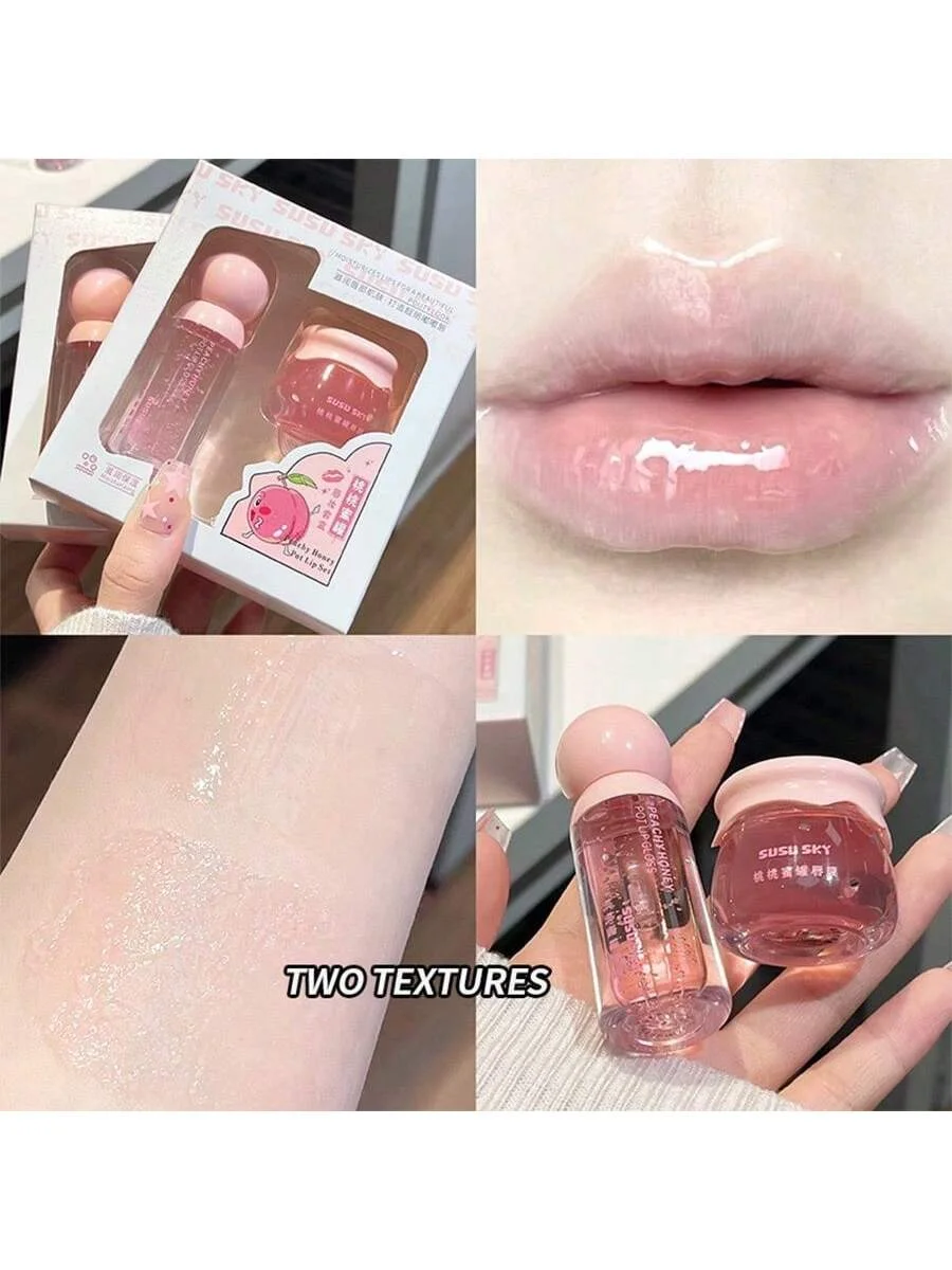 2PCS Peach Honey Jar Lip Set, Lip Mask + Honey, Day and Night Care, Moisturizing and Hydrating
