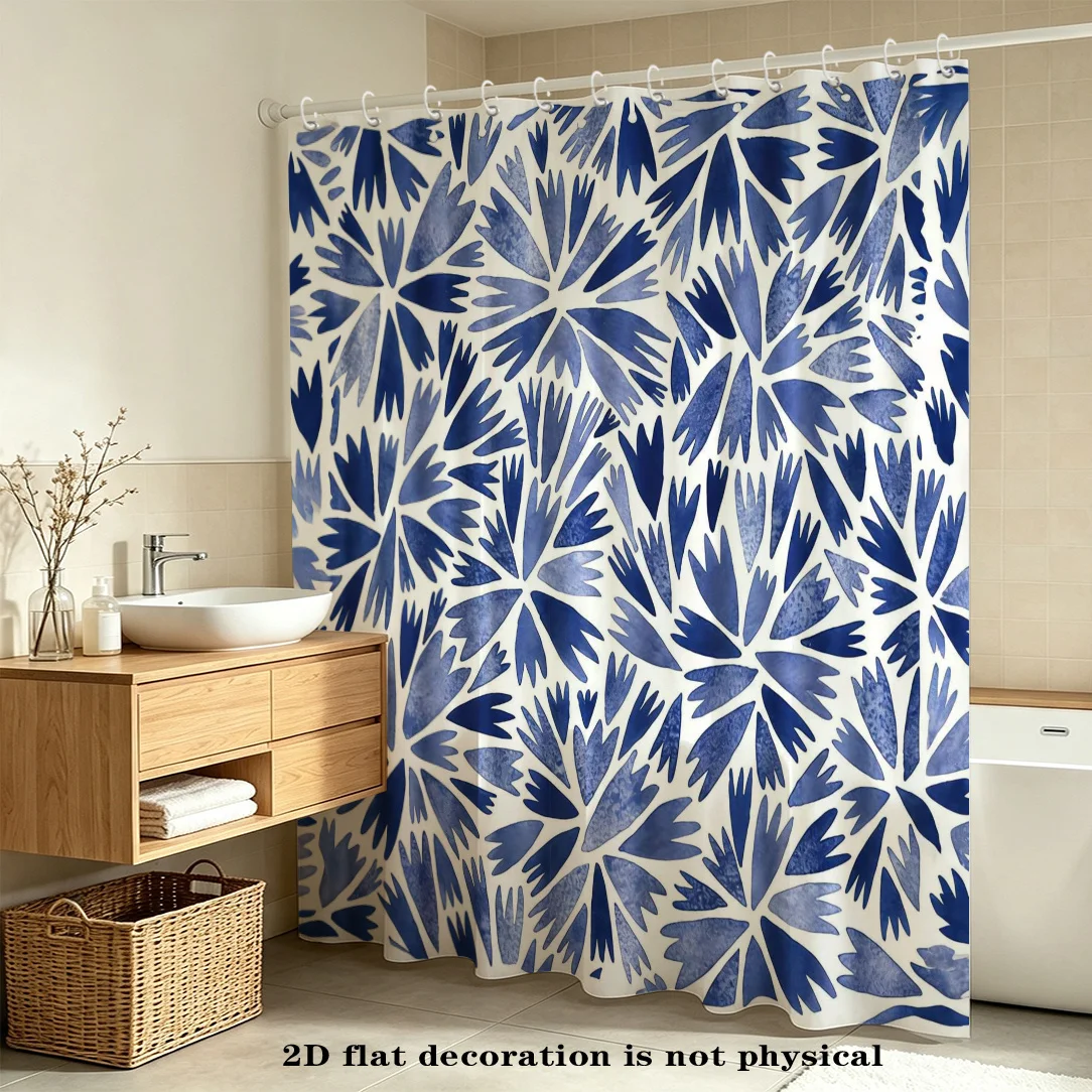2D Flat, 2D Flat Shower Curtain, 1pc, Blue Floral Pattern Shower Curtain, Serene and Gentle Floral Design, Bathroom Area Divider