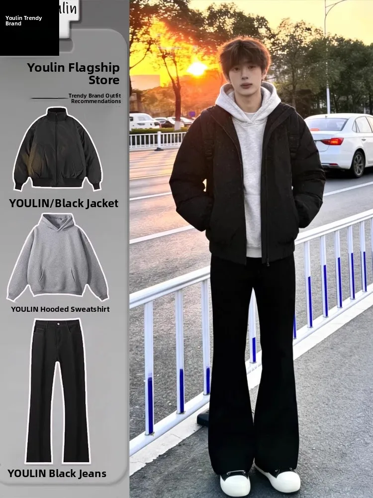 

Cool American Style Short Flight Jacket Outerwear for Men Spring Outfit Set with Jeans Ootd Casual Sportswear Teenagers