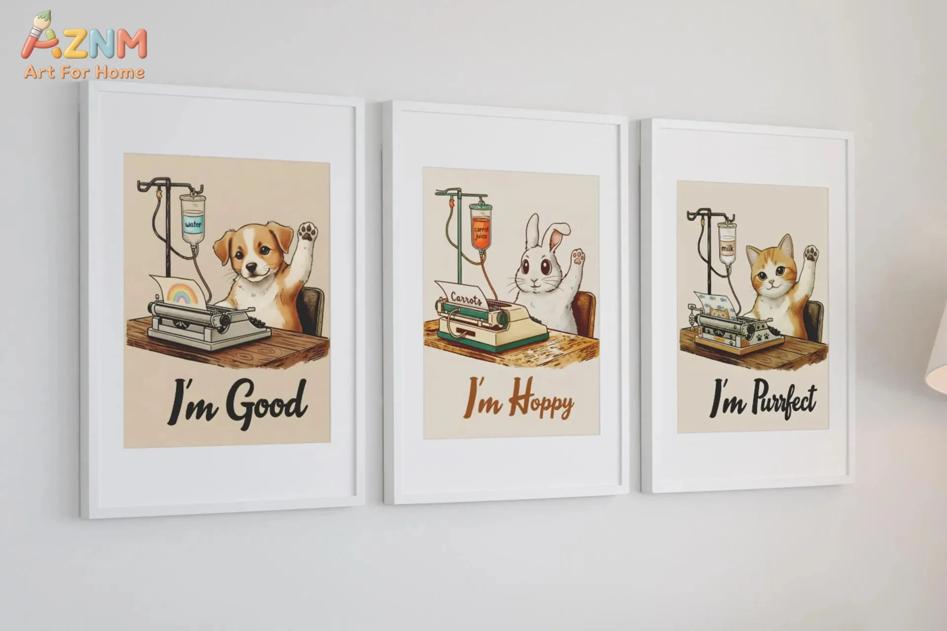 AZNM Funny Dog Rabbit Cat Canvas Wall Art Frameless Print, Cute Animal Quote Typewriter Poster, Retro Room Decor Picture