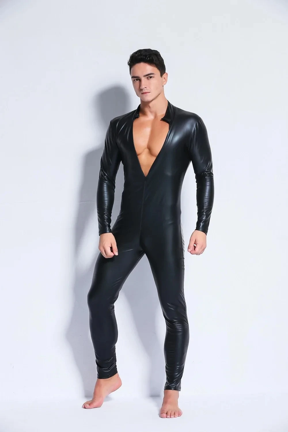 Sexy Male\'s PU Leather Catsuit For Men Tight Skin Full Bodysuit Jumpsuit Front Zipper Open Crotch Latex Zentai Suit Costume 3XL