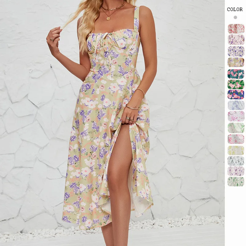 

2025 Summer New Sleeveless French Dress Suspender Side Slit Printed Backless Sexy Dress Women Vestidos De Mujer