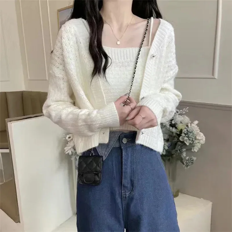 Autumn Knitted Two Piece Sets Women Korean Elegant All Match Cropped Cardigan Vest Fashion Button V Neck Long Sleeve Sweater