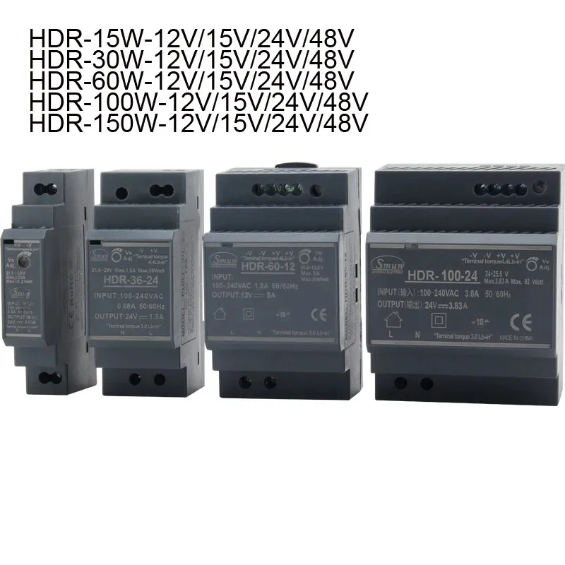 Din Rail Switching Power Supply 12V 24V 15W 30W 60W 100W 150W AC DC Industrial SMPS HDR Series CE RoHS for PLC Control