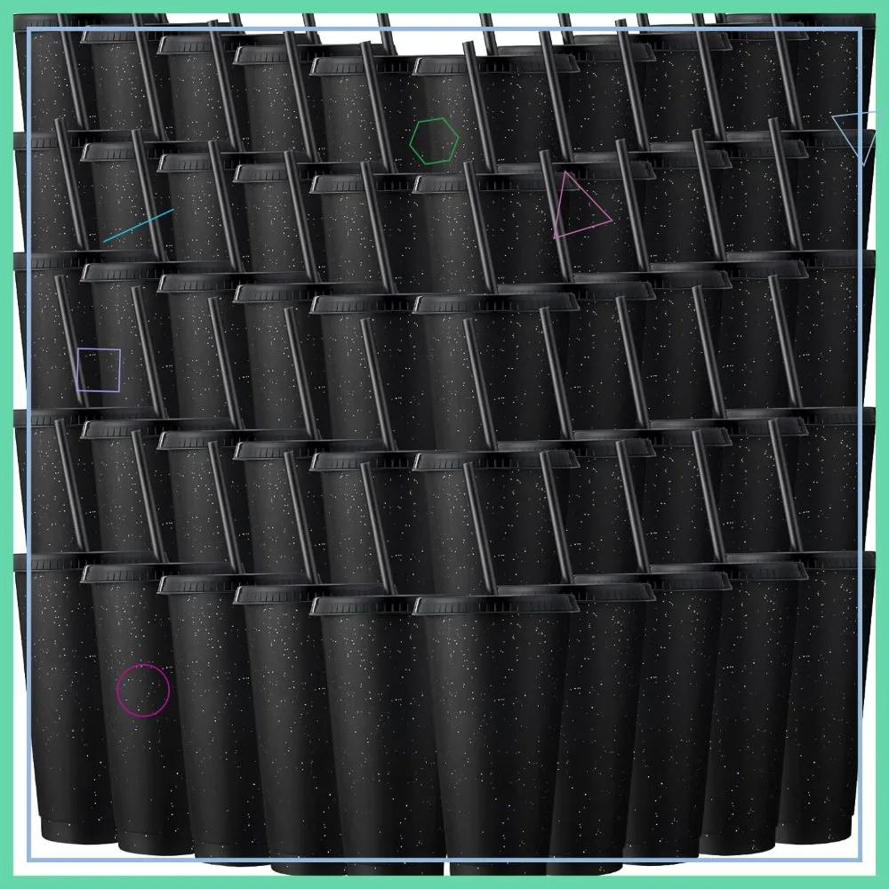 

Набор из 60 многоразовых стаканов с блестками, с трубочкой и крышкой, пластиковые стаканы объемом 24-27 унций для кофе, воды, подарков на вечеринку, дорожные кружки, черные