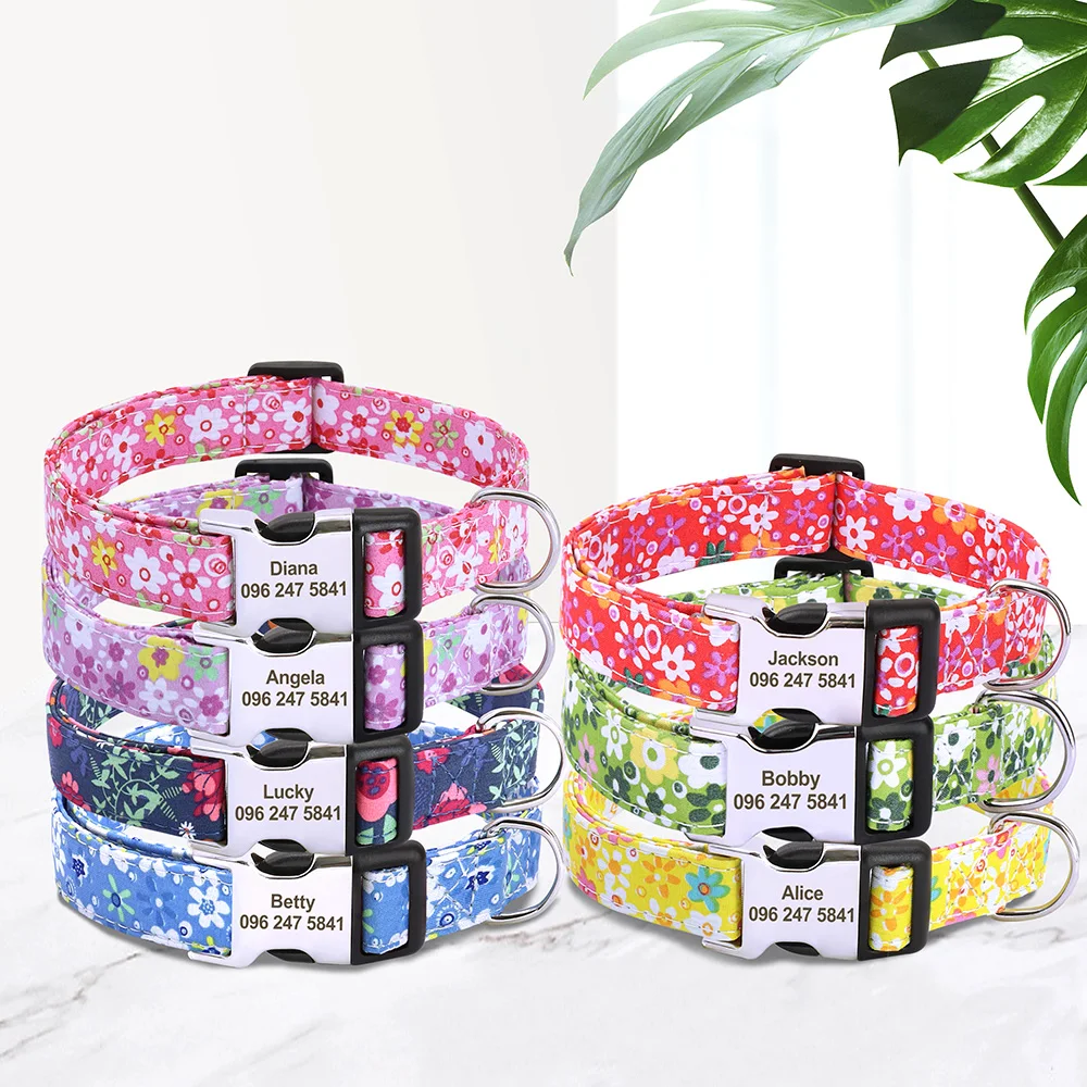 Collar personalizado con estampado Floral para mascotas, Collar de Nylon para perro con grabado gratuito, para perros pequeños, medianos y gatos,