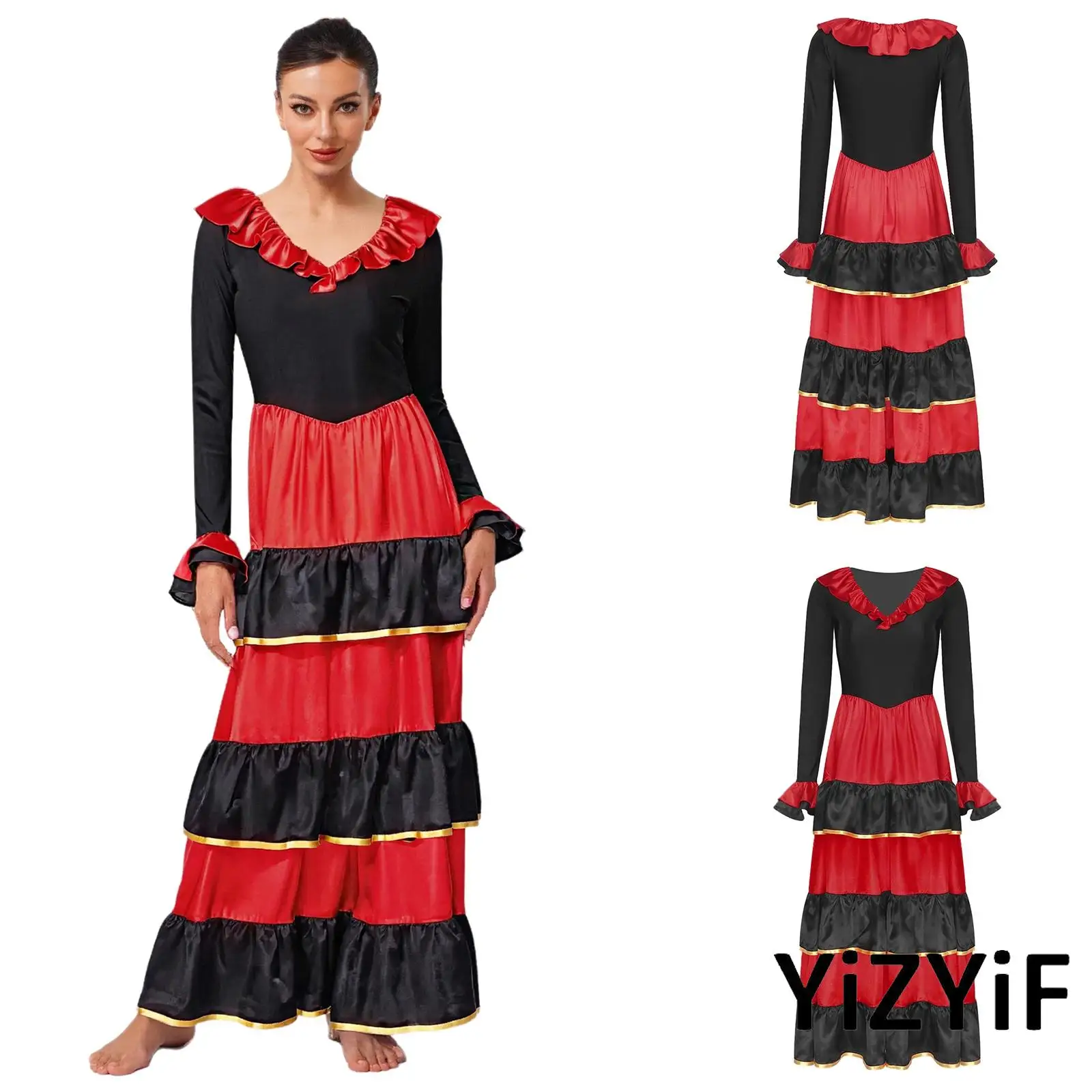 Women Tango Cha-Cha Latin Dance Dress Tiered Ruffles V Neck Long Sleeve Latin Dance Costume for Ballroom Stage Performance