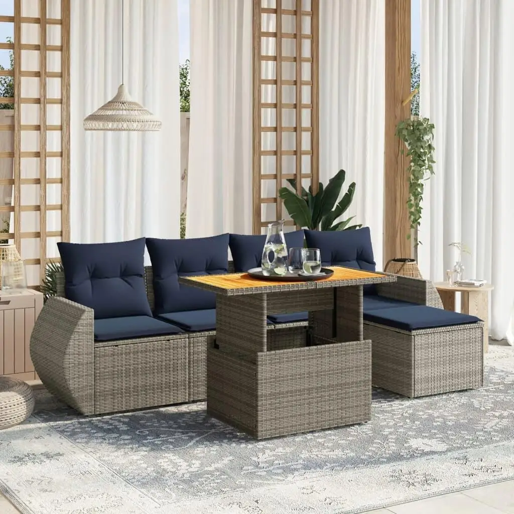 

6 Piece Outdoor Poly Rattan Patio Sofa Set with Cushions Gray Garden Furniture