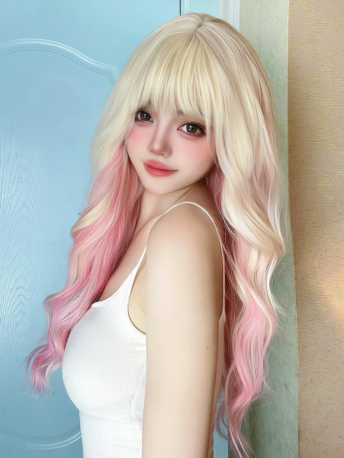 Wig female synthetic medium-long hair simulation lady big wave lolita highlighted long curly hair round face fake set natural