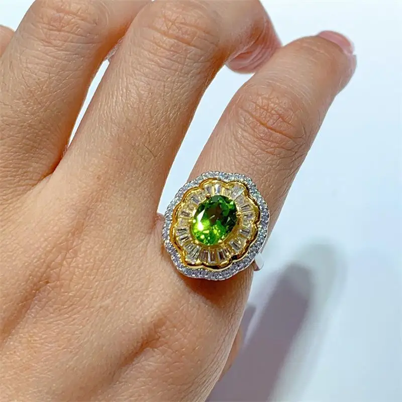 Zecaa jóias finas mulher anel de peridoto com pedra preciosa de peridoto natural 7*9mm prata vintage anel de peridoto para menina senhora namoro presente