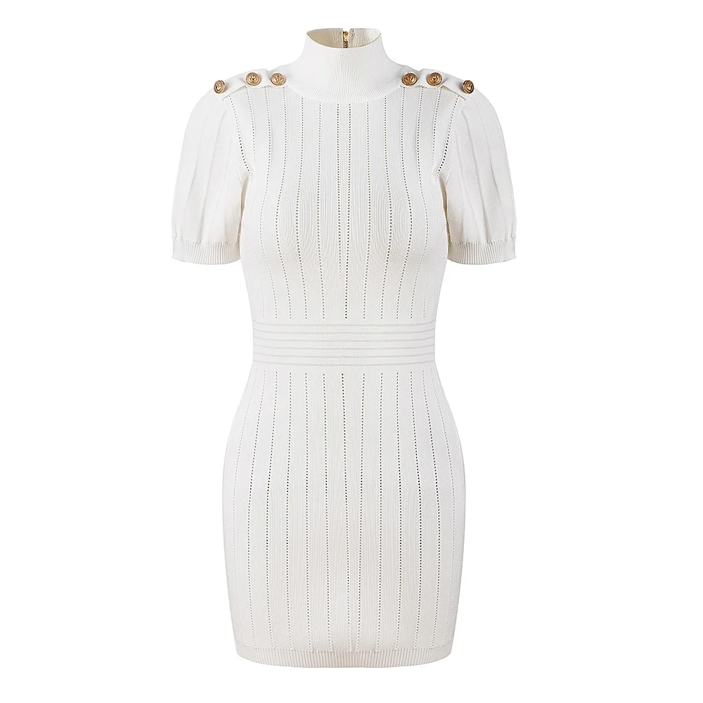 

White Knitted ort Sve High Collar Bodycon Dr Slimming Waist Design Commute Sle Faionable Summer New Arrival