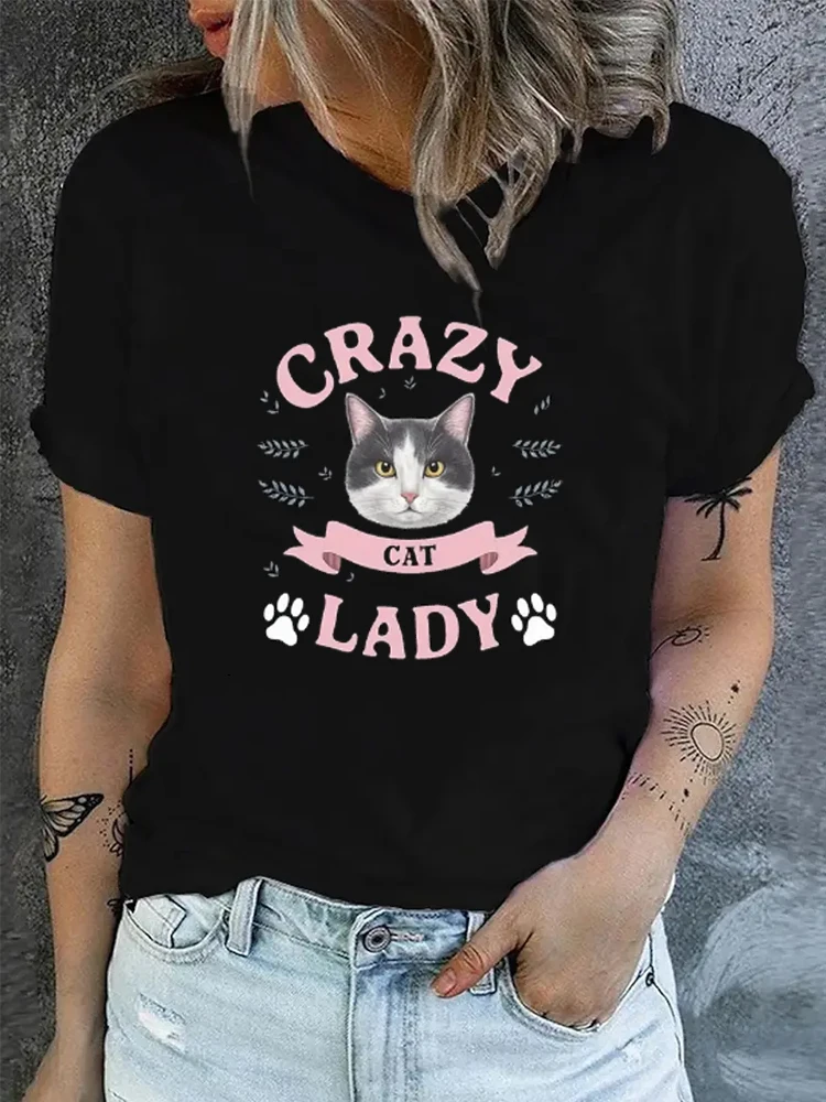 240g Cotton Cartoon CRAZY CAT LADY Print T-shirt Casual Crew Neck Short Sleeve Top Graphic Tee Women T-Shirt Summer