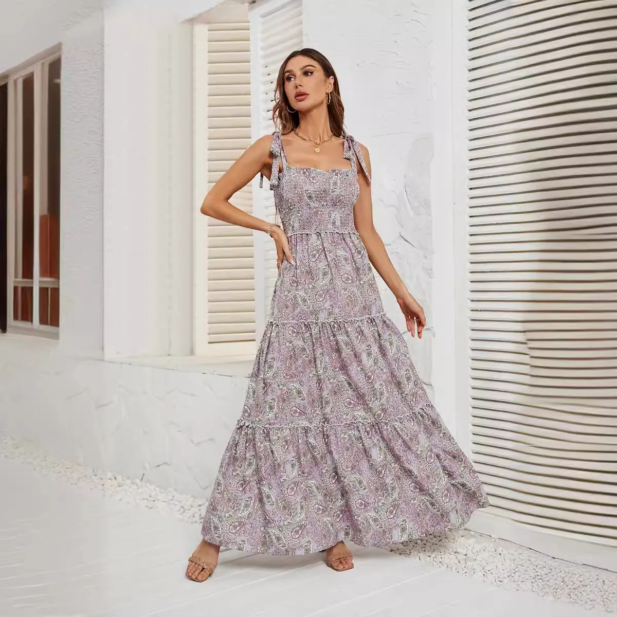 Self Photography New Women's Summer Casual Style Sleeveless Printing Fashion Multi layered Dress for Women2024