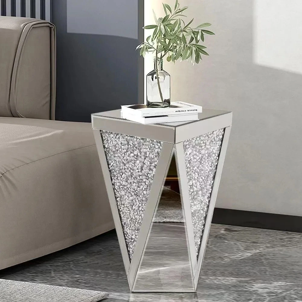 Silver Mirrored End Table, Crystal Inlay Side Table Accent Table, Small Mirrored Coffee Table for Living Room, Bedroom YX125TB