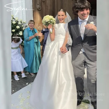 SSYTENS 화이트 웨딩 원피스 스트랩, 신부 파티 가운, 백 활 새틴 맞춤형 시민 신부 원피스