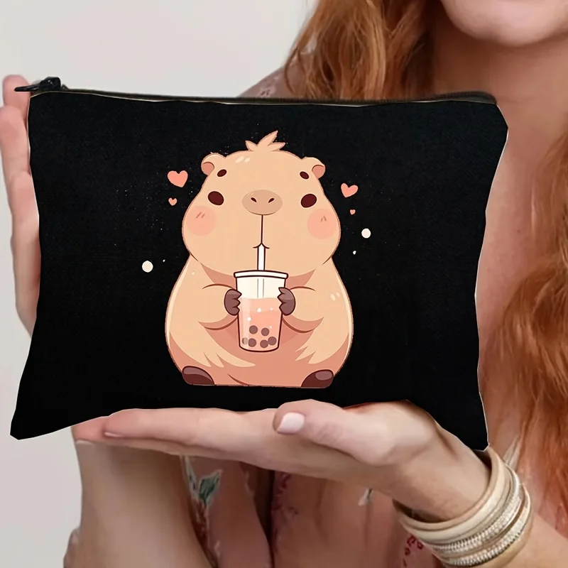 Cute Capybara Travel Bag，Black Zippered Cosmetic and Toiletries Storage Bag，Lightweight and Foldable，For Ladies、The Perfect Gift