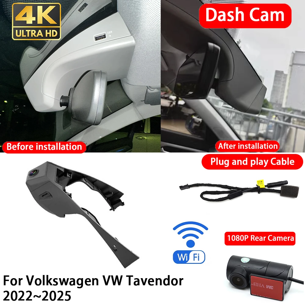 for Volkswagen VW Tavendor 2022~2025 4K 2160P Dash Cam Front Rear Car Camera DVR Wifi Plug & Play Video Recorder Loop Recording
