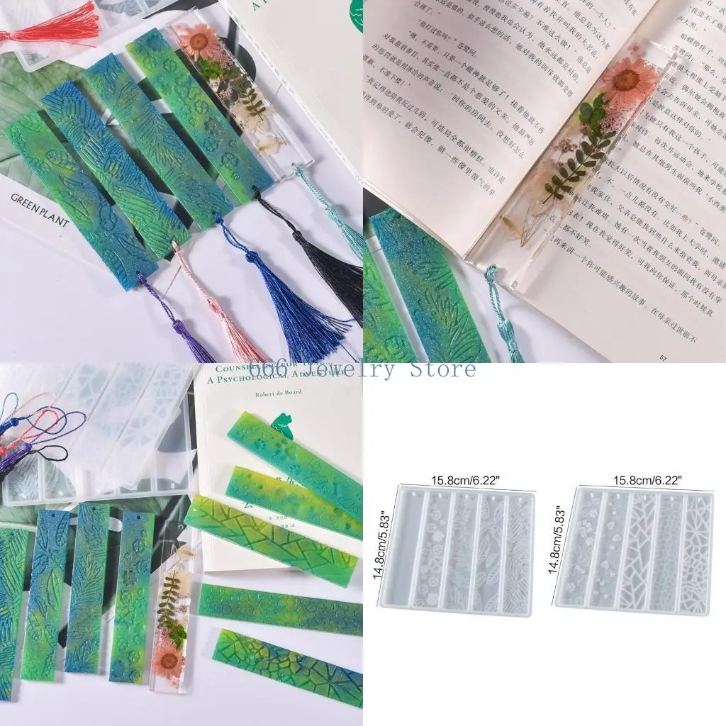 F2TD 1/2 Pcs Floral for Cat Paw Bookmark Silicone Molds Rectangle Bookmark Moulds with Bookmark Tassel Hanging Hole for Women