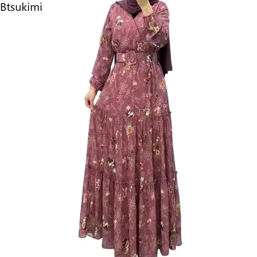 New Fashion Muslim Dresses Women\'s Floral Printed Long Sleeve Maxi Dress Dubai Kaftan Robe Elegant Evening Dress Abaya for Women