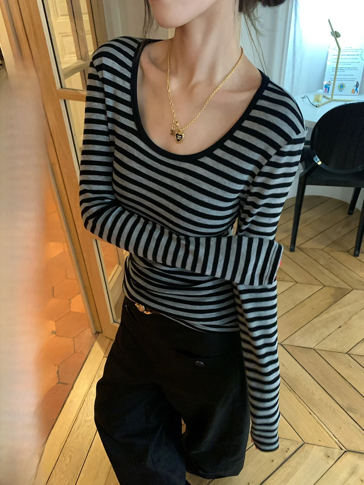 

Женская шерстяная футболка с длинным рукавом и круглым вырезом, винтажный полосатый базовый топ, повседневный свободный крой, осень-зима, новинка