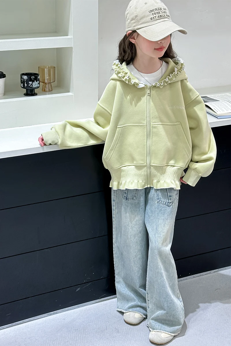 Mädchen Kapuzenpullover Frühling Herbst 2026 Neuer Stil Süßer Niedlicher Rüschenbesatz Reißverschluss-Mantel mit Taschen Kinderkleidung – Detail 10