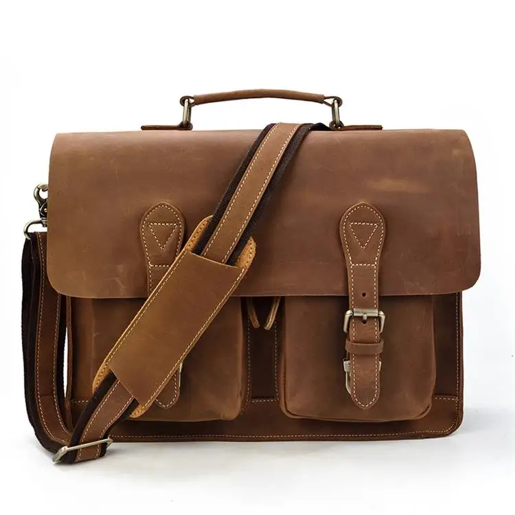

Fashion Retro Large Capacity Leather Mens Briefcase Top Layer Leather Laptop Bag Crazy Horse Skin 15 Inch Computer Messenger Bag