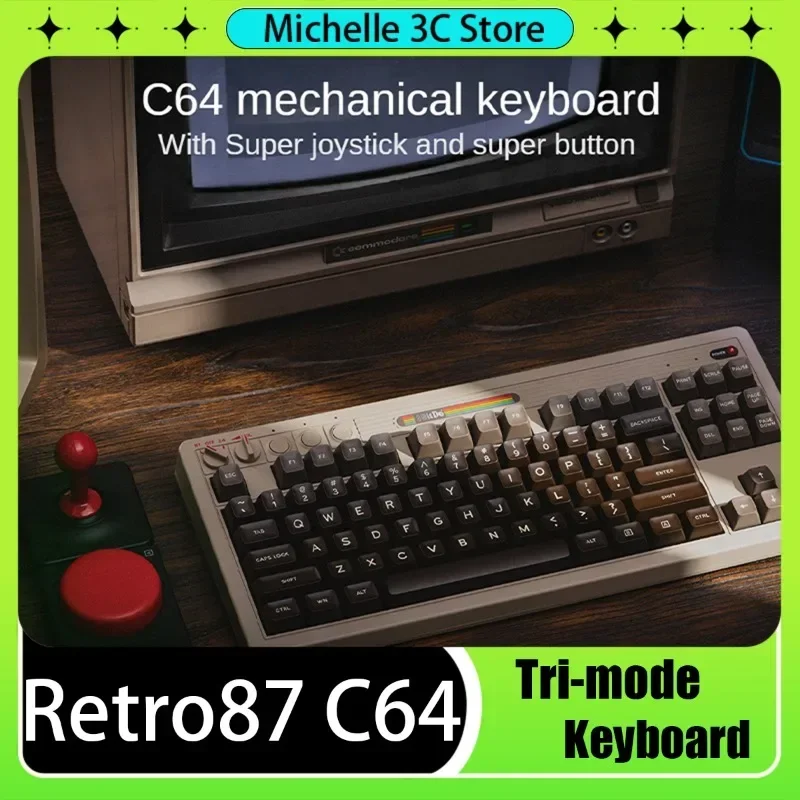 

Retro87 C64 Ретро-механическая игровая трехрежимная клавиатура 87 клавиш с рокером + супер-клавиш на заказ Bluetooth/2,4G/USB-C с возможностью горячей замены