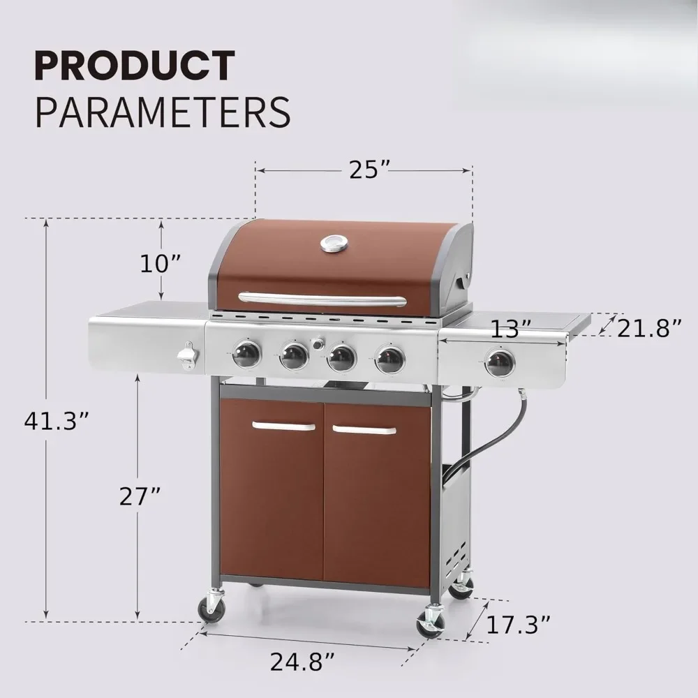 4-Burner Propane Gas BBQ Grill with Side Burner & Porcelain-Enameled Cast Iron Grates, 42,000 BTU Output Barbeque, BBQ Grill