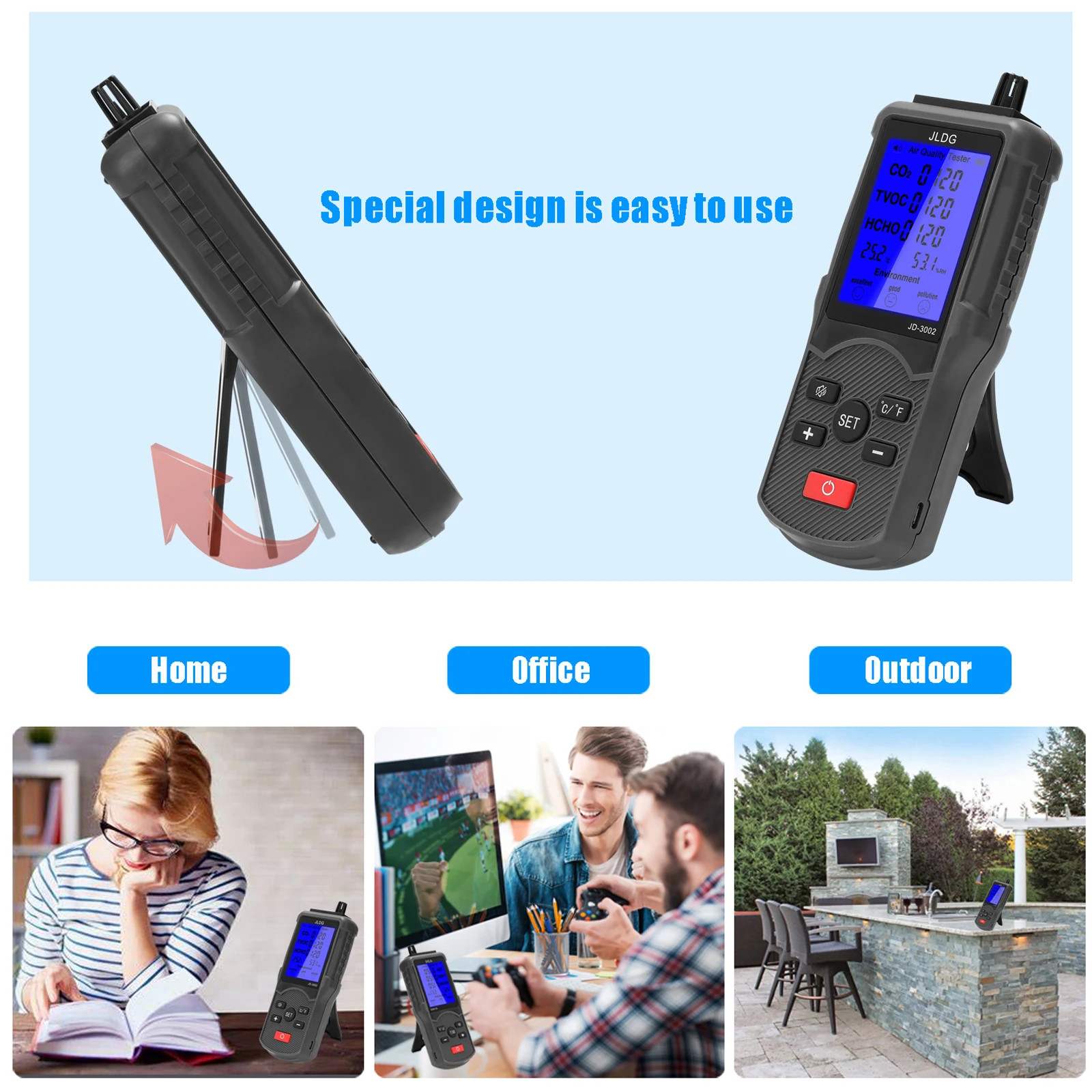 JD-3002 Air Quality Detector CO2 HCHO TVOC Temperature Humidity Measuring Device CO2 Meter Multifunctional Air Quality Analyzer