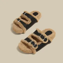 Flock Shoes Woman's Slippers Low Fur Flip Flops Platform Slides 2024 Plush Rubber Basic Rome Autumn Fabric Hoof Heels Shoes Hous