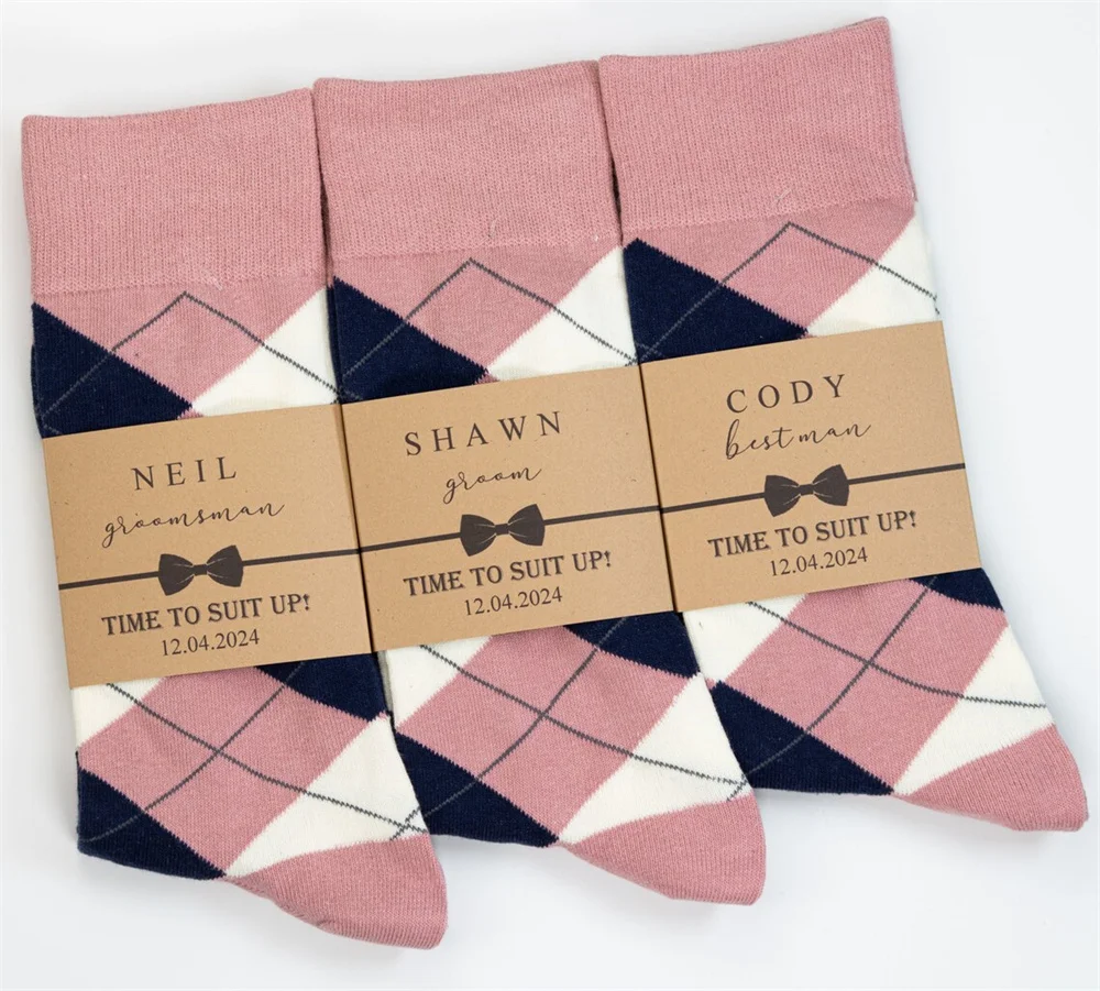 Dusty rose socks, Socks Labels, Personalized Groomsmen socks, Custom labels, wedding day socks, Dusty rose, Navy & Ivory Argyle