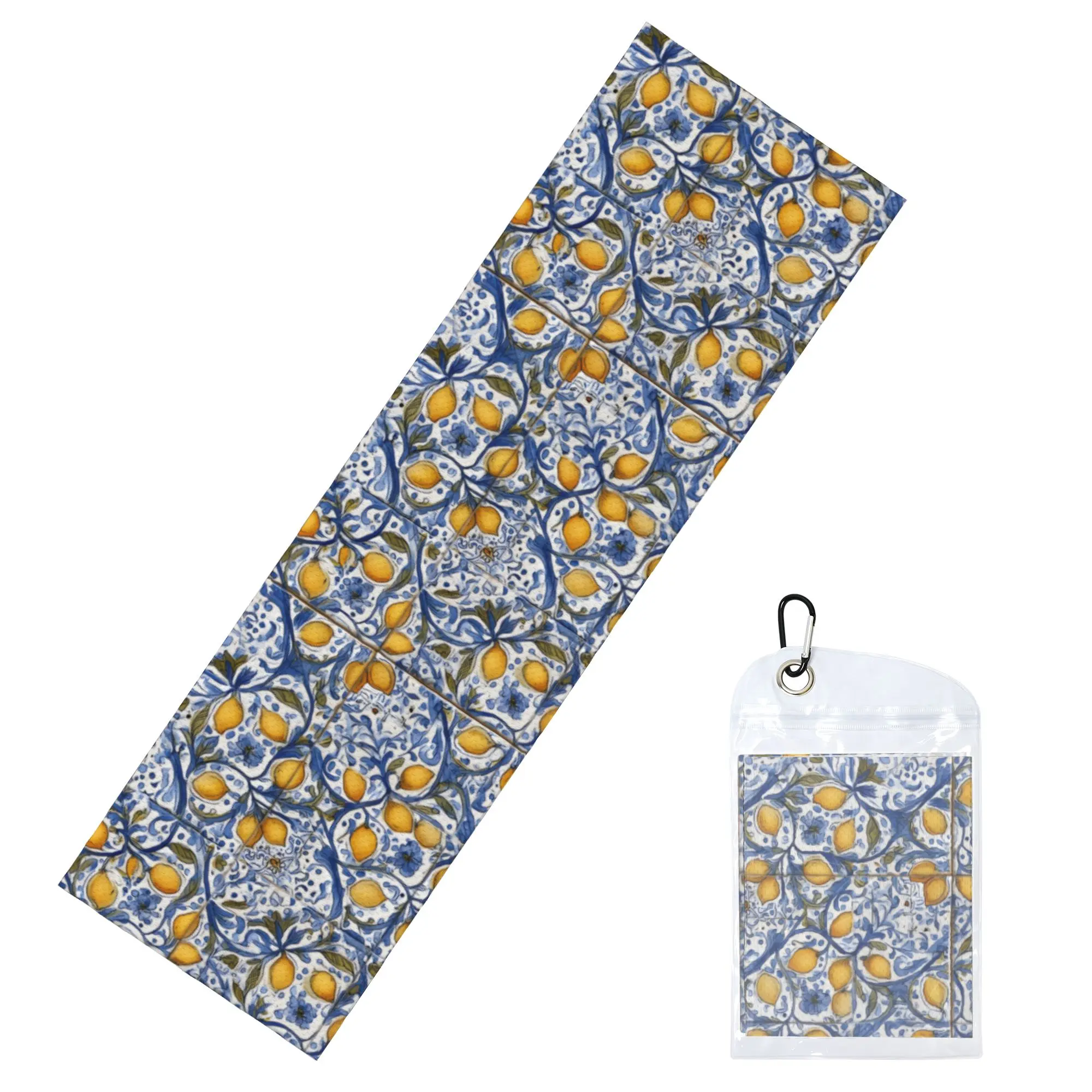Lemon and Blue Ceramic Tiles Pattern Sicilian Mediterranean Cold Exercise Towel Quick Drying Face Towel  Yoga Towels