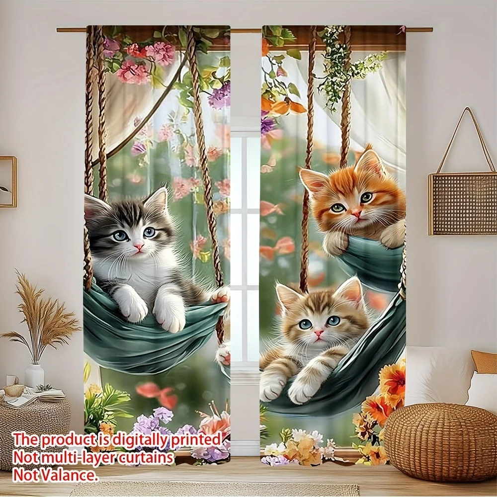 Charming Cat Swing Curtains Polyester Floral Window Drapes Panels Pet Themed Nursery Room Home Decor Linens