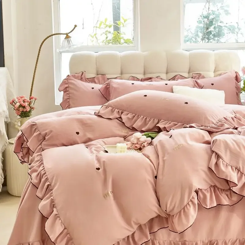 

New princess style butterfly embroidery washed cotton four piece set, all cotton pure cotton duvet cover, bed sheet three piece