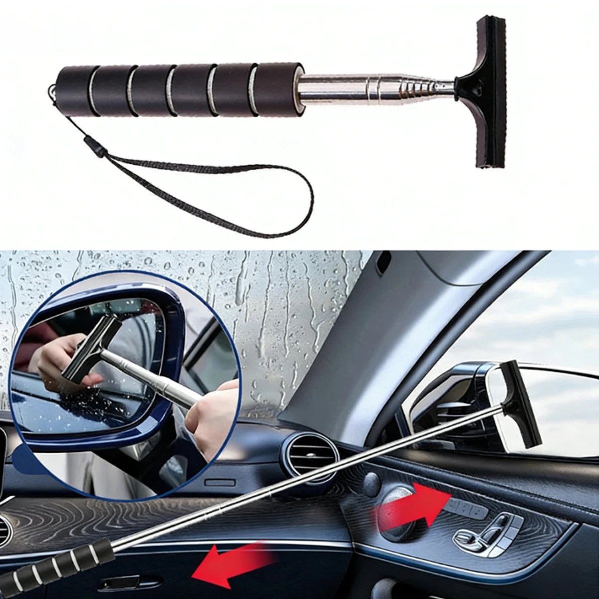 Car Rearview Mirror Wiper, Stainless Steel Telescopic Scraper, Window Glass Defogger, Cleaning Car Wiper Blade, Car Cleaning Tool